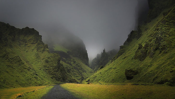 green mountains, nature, mist, landscape, dirt road, dark, grass, HD wallpaper