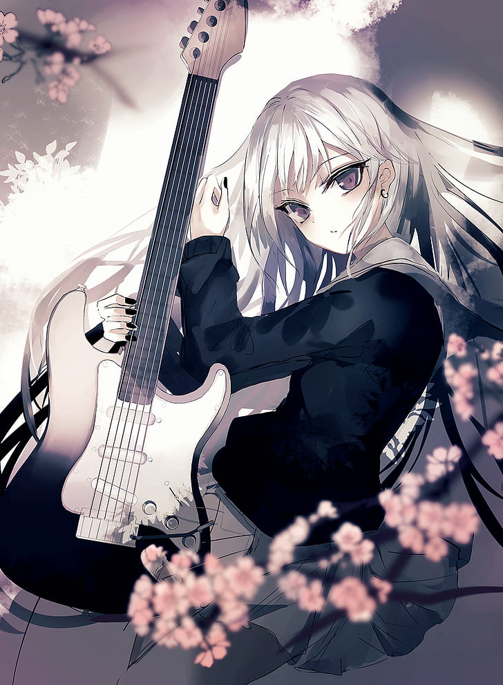 HD wallpaper: anime, anime girls, original characters, white hair, guitar |  Wallpaper Flare