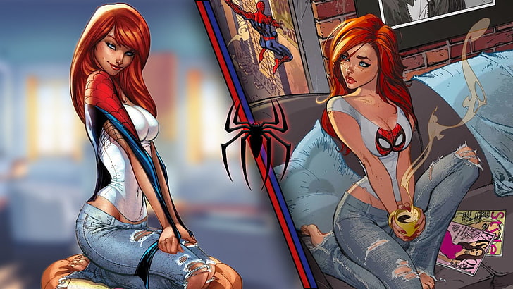 Spider-Gwen wallpaper, jeans, redhead, Spider-Man, Marvel Comics