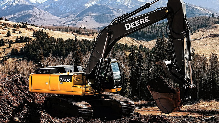 yellow and black John Deere excavator, construction vehicles