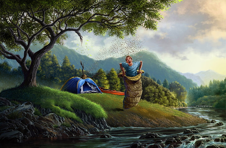 man jumping inside sack beside river painting, forest, trees