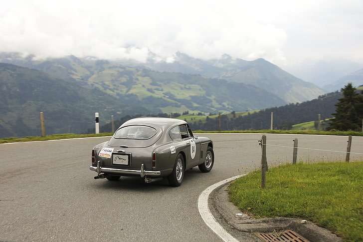 grey car, Aston Martin, mountains, landscape, road, vintage, old car