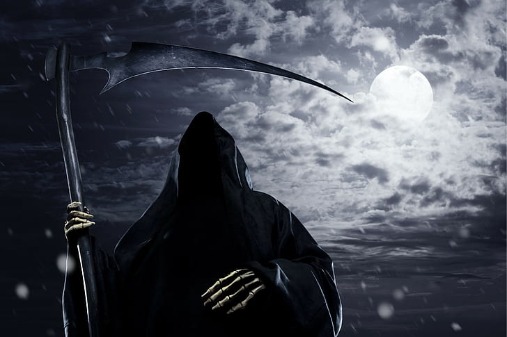 Grim Reaper, Moon, clouds, rain, scythe