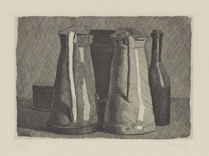classic art, Giorgio Morandi, jars, sketches, no people, indoors