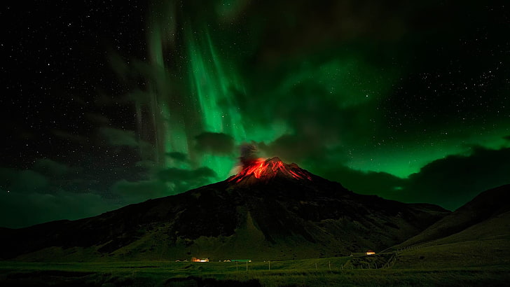 black volcano, nature, aurorae, beauty in nature, night, scenics - nature, HD wallpaper