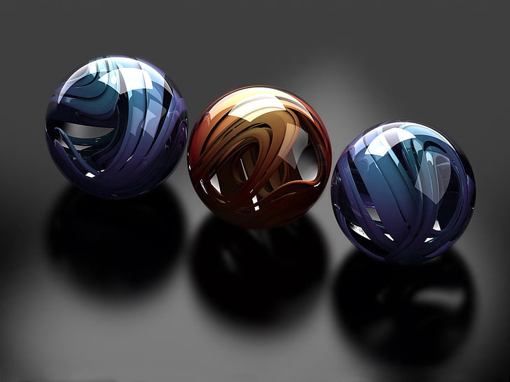 three blue and brown marbles, balls, glass, metal, sleek, form