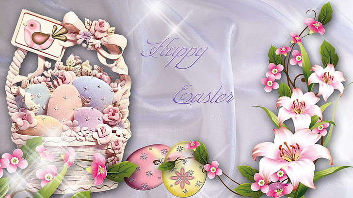 Shiny Easter, stars, bird, lilies, flowers, hine, eggs, basket