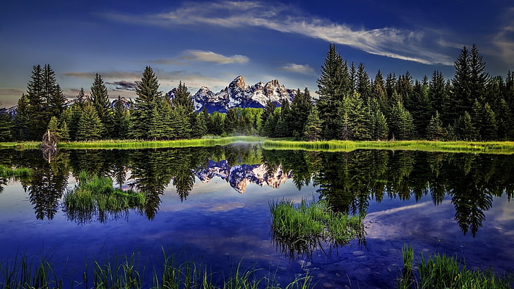 mountain, blue sky, snake river, united states, wyoming, national park