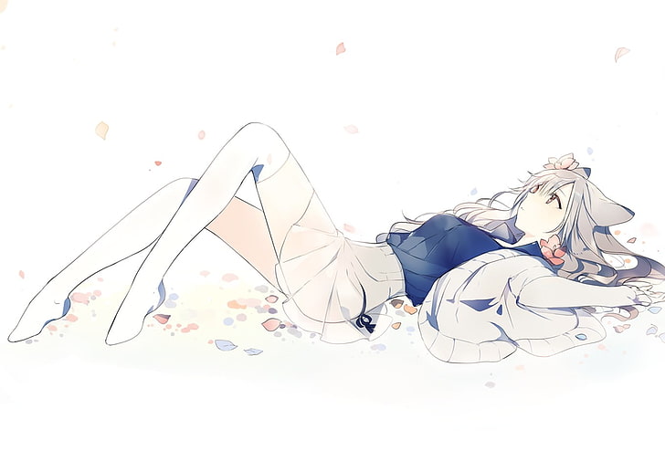 gray haired female anime character lying on ground digital wallpaper, HD wallpaper