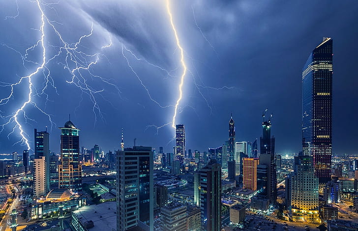 photography landscape lightning storm skyscraper architecture building lights night kuwait city, HD wallpaper