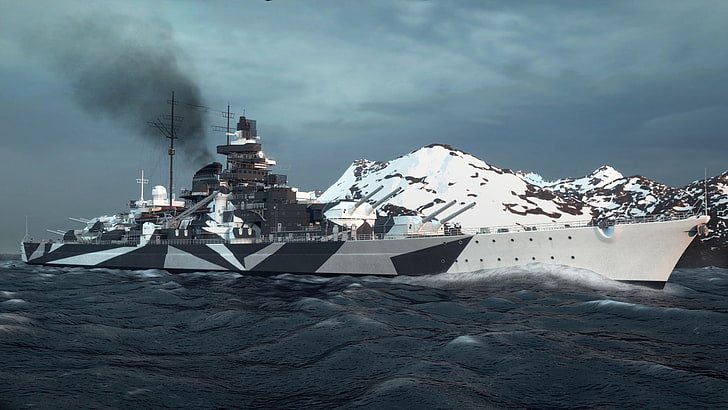 german battleship tirpitz, cold temperature, snow, water, sea, HD wallpaper