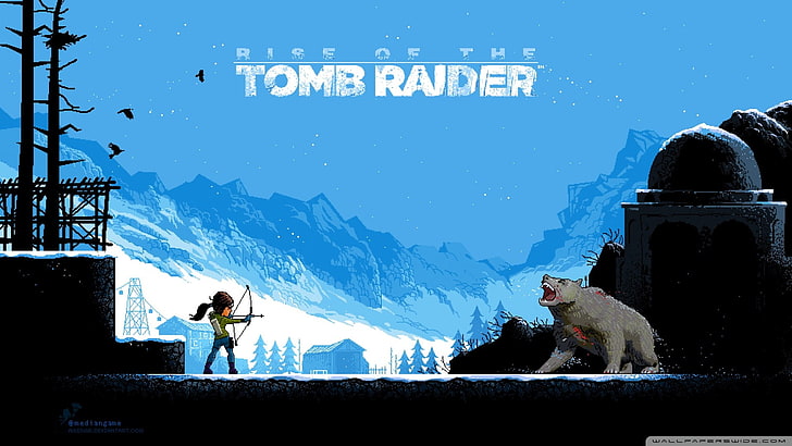 Rise Of The Tomb Raider wallpaper, pixel art, video games, text
