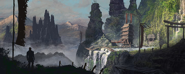 digital art, warrior, samurai, landscape, temple, Asia, mountains, HD wallpaper