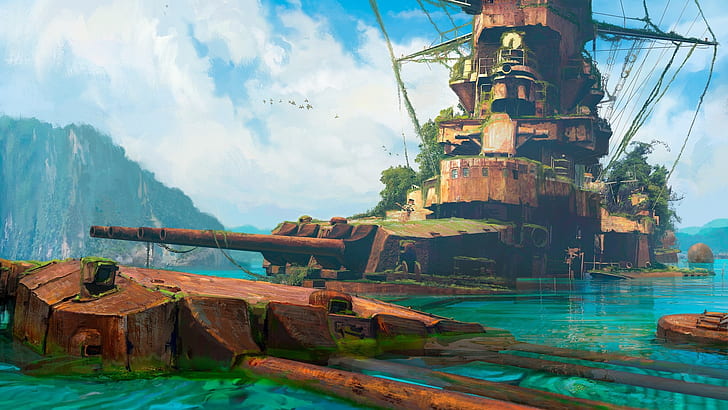 abandoned, shipwreck, fantasy art, battleship, scifi, science fiction, HD wallpaper