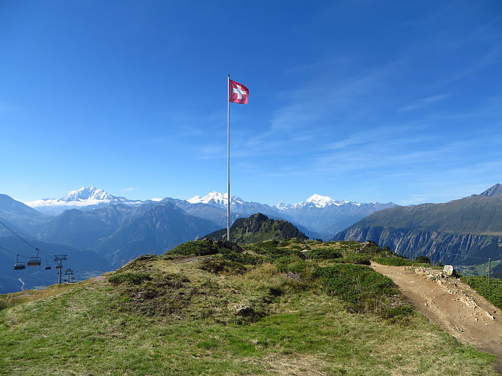 Switzerland, Aletsch Glacier, Rideralp, mountains, flag, beauty in nature