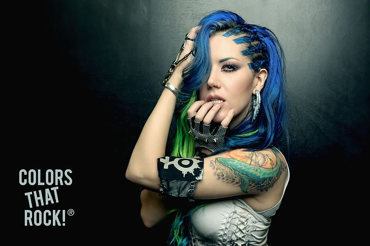 tattoo, Alissa White-Gluz, Arch Enemy, women, green hair, blue hair, HD wallpaper