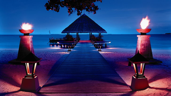 calm, angsana, maldives, angsana ihuru, romantic, parasol, dusk, HD wallpaper