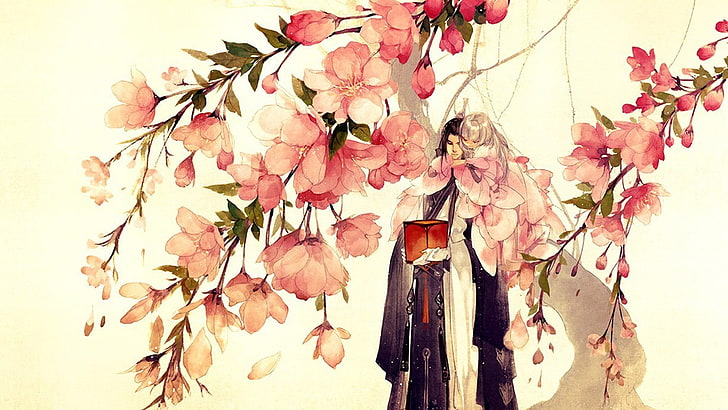 Big brother, sakura, art, little, luminos, man, spring, blossom, HD wallpaper