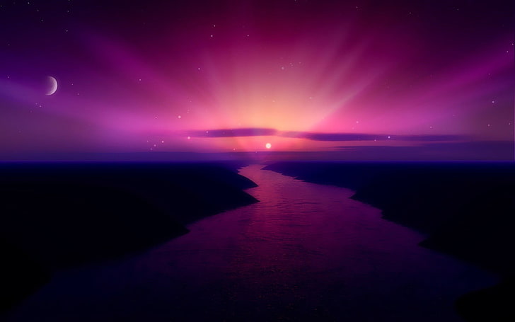 silhouette of hills near river at sunset, stars, reflection, sky, HD wallpaper