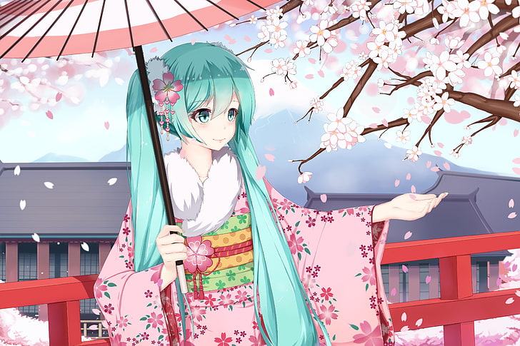 anime girls, long hair, Hatsune Miku, Vocaloid, cherry blossom, HD wallpaper