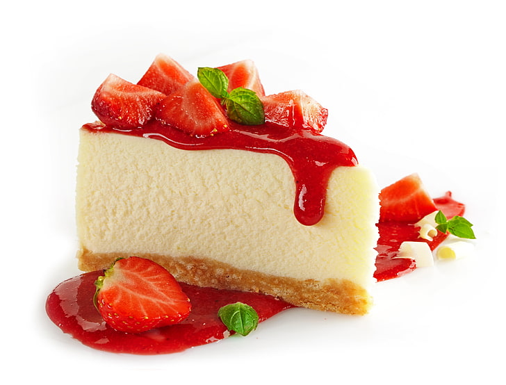 sliced cake with strawberries, strawberry, pie, mint, dessert, HD wallpaper