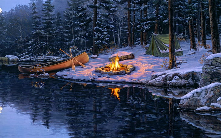 Camping near a river, painting of fire pit near to brown canoe and green tent, HD wallpaper
