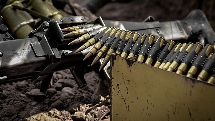 black assault rifle and recoil bullets, gun, ammunition, machine gun, HD wallpaper