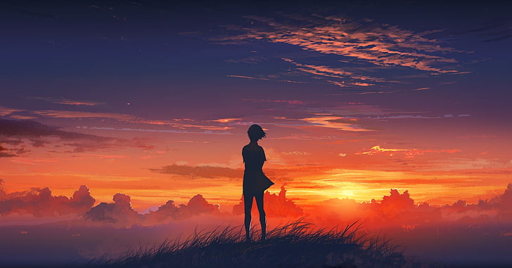 Anime scenery, sunset, anime school girl, clouds, artwork, Anime