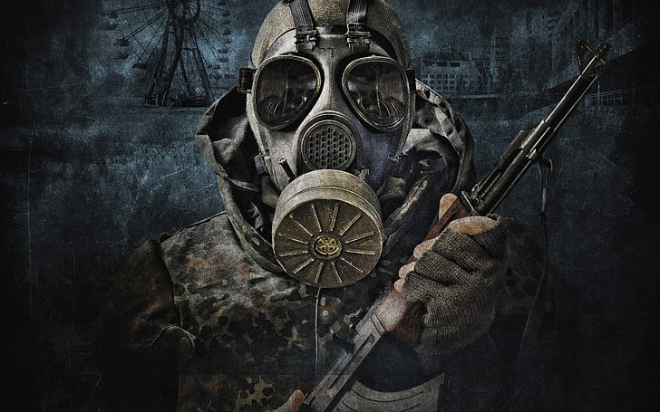 ST A L K E R Call of Pripyat, soldier with black gas mask and rifle illustration