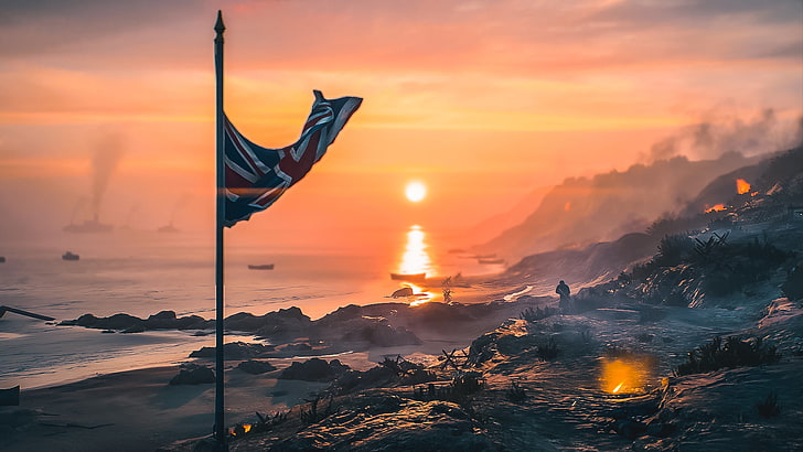 Battlefield 1, sunset, sky, orange color, flag, beauty in nature