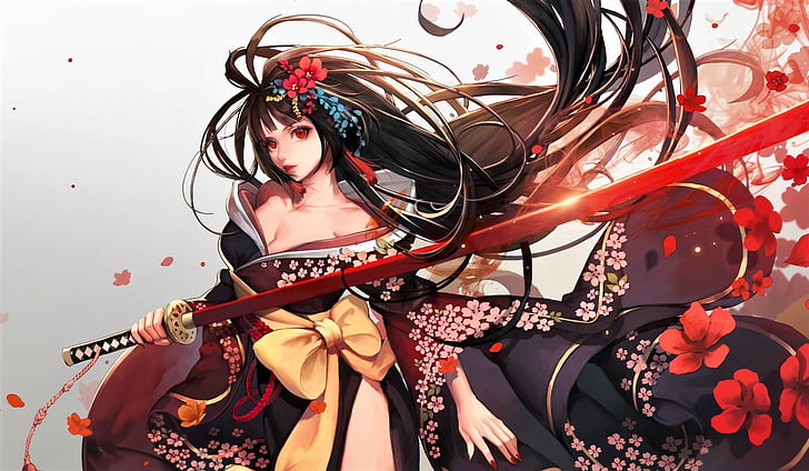 HD wallpaper: Anime, women Warrior, Black Hair, Colorful, Flower, Girl,  Kimono | Wallpaper Flare