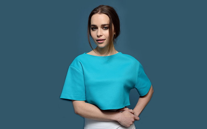 Actresses, Emilia Clarke, studio shot, blue, colored background