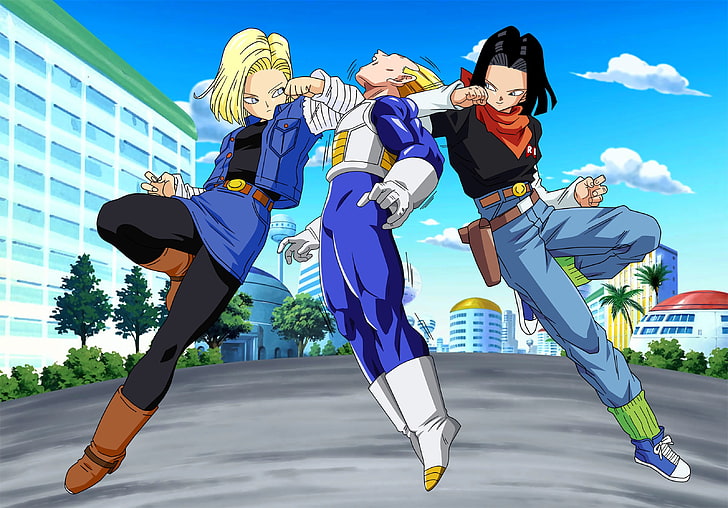 Android 17 and 18 fighting with Vegeta digital wallpaper, Dragon Ball