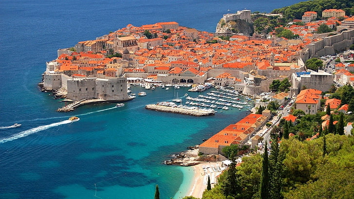 white-and-brown concrete buildings, Dubrovnik, sea, cityscape