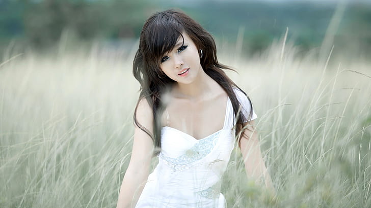 Asian, black hair girl, grass, HD wallpaper