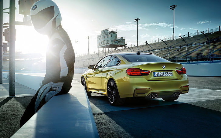man wearing black and white helmet, BMW M4, yellow, car, motor vehicle, HD wallpaper