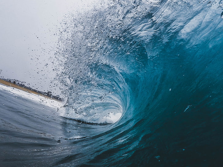 blue water wave, ocean, spray, sea, nature, pipeline Wave, surf, HD wallpaper