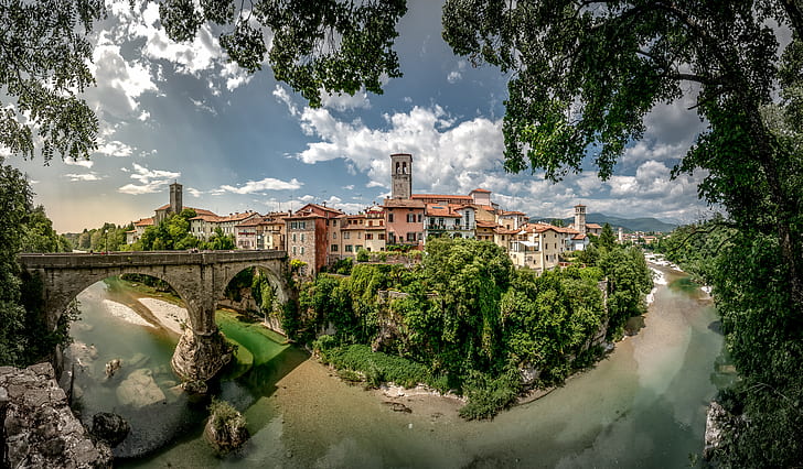 trees, bridge, river, building, Italy, panorama, Friuli-Venezia Giulia, HD wallpaper