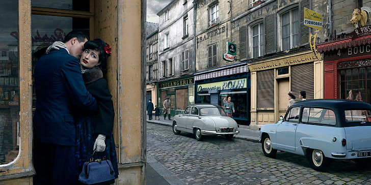 vintage, Paris, men, women, car, city