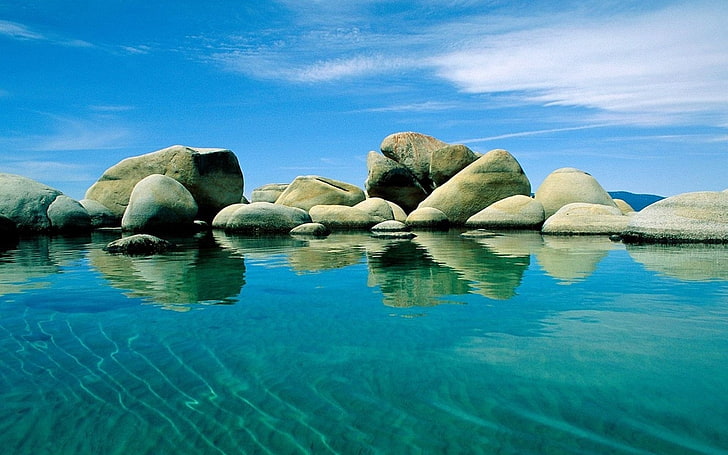 rock lot, stones, water, blue, stains, surface, nature, sea, beach