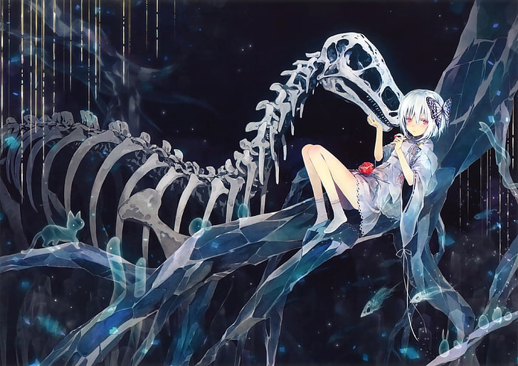 HD wallpaper: anime girl, white hair, red eyes, monste skeleton, water, no  people | Wallpaper Flare