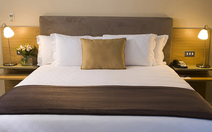 four white pillows, bedding, bedroom, style, interior, design, HD wallpaper