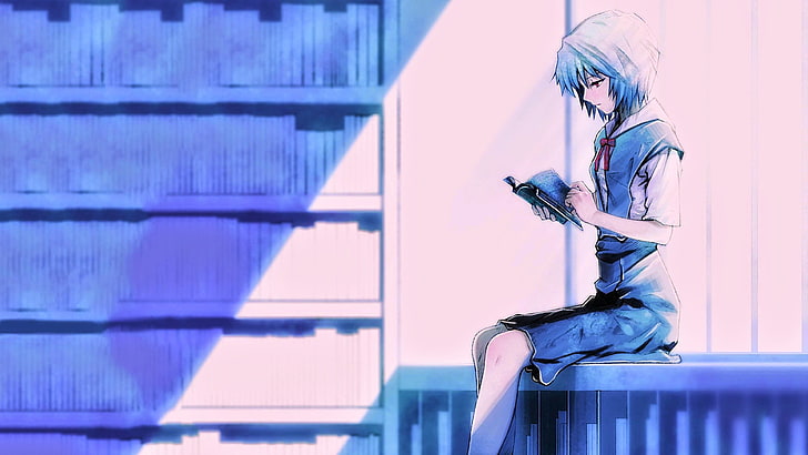 Neon Genesis Evangelion illustration, anime, blue hair, school uniform
