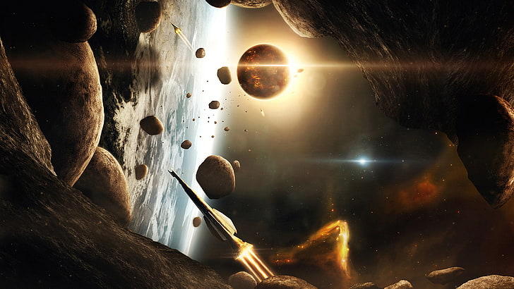 space, rock, space art, spaceship, planet, science fiction, HD wallpaper