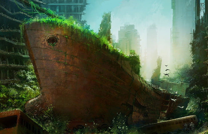 brown broken ship painting, artwork, apocalyptic, architecture, HD wallpaper