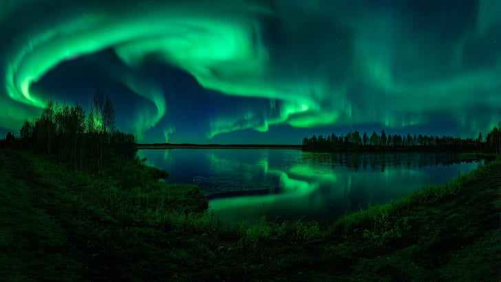 polar lights, aurora borealis, night sky, reflection, night lights, HD wallpaper