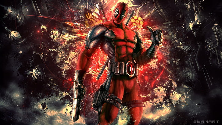 Deadpool, Marvel Comics, gun, sport, red, strength, backgrounds