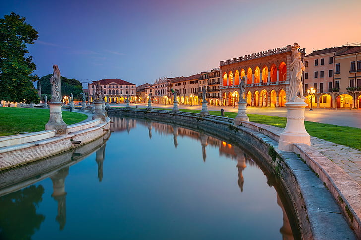 reflection, building, home, Italy, channel, statues, Padova, HD wallpaper
