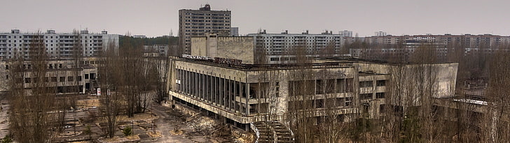white and grey building, multiple display, Pripyat, Ukraine, ruin