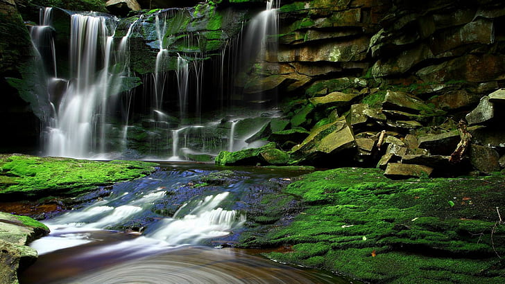 Rocks, waterfalls, water, brook, stones, moss, natural forest landscape desktop